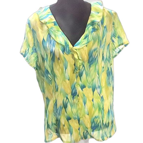 Hearts of Palm Green Blue Tropical Print Sheer Button Down Top Size 18 - Picture 1 of 6